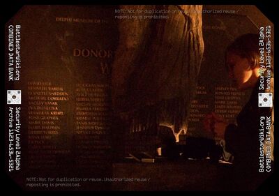 Kara "Starbuck" Thrace prepares to inject herself with anti-radiation medication in front of a plaque commemorating donors to the Delphi Museum of the Colonies (TRS: "Kobol's Last Gleaming, Part II").