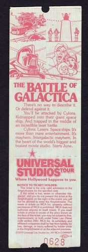 Back of an unused Universal Amphitheatre ticket featuring an advertisement for the ride, circa 1979.