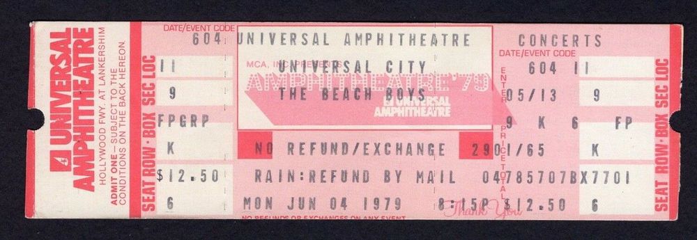 Front of an unused Universal Amphitheatre ticket for a June 1979 The Beach Boys performance, the back side to which features an advertisement for the ride.