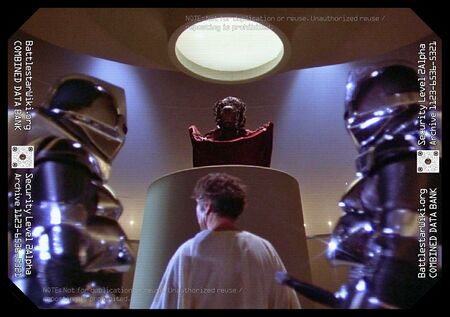 Baltar brought before a new Imperious Leader in its throne throne room aboard a Cylon basestar (TOS: "Saga of a Star World").