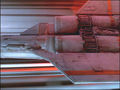 A Viper with specially fitted heat shield as it is launched from Galactica in "Saga of a Star World".
