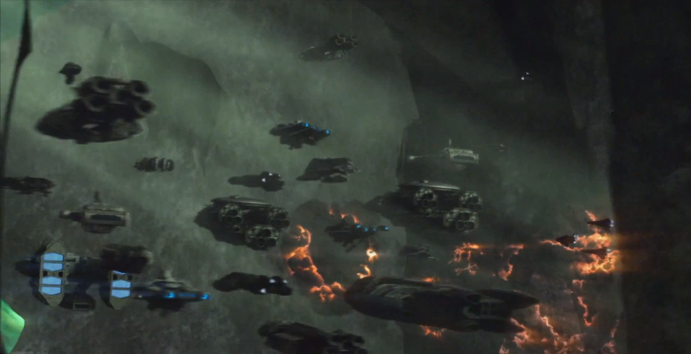 Seen (bottom left) hiding with a Colonial ghost fleet within Cylon held space (Blood and Chrome).